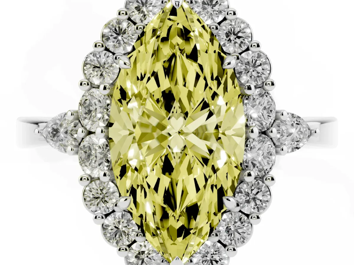 Fancy Yellow Marquise Cut Diamond Halo Ring with Pear Side Stones and Prong Setting Platinum