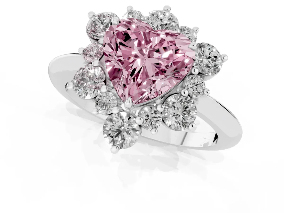 Fancy Pink Heart Cut Diamond Cluster Halo Ring with Solitaire Band and Four-Prong Setting Silver