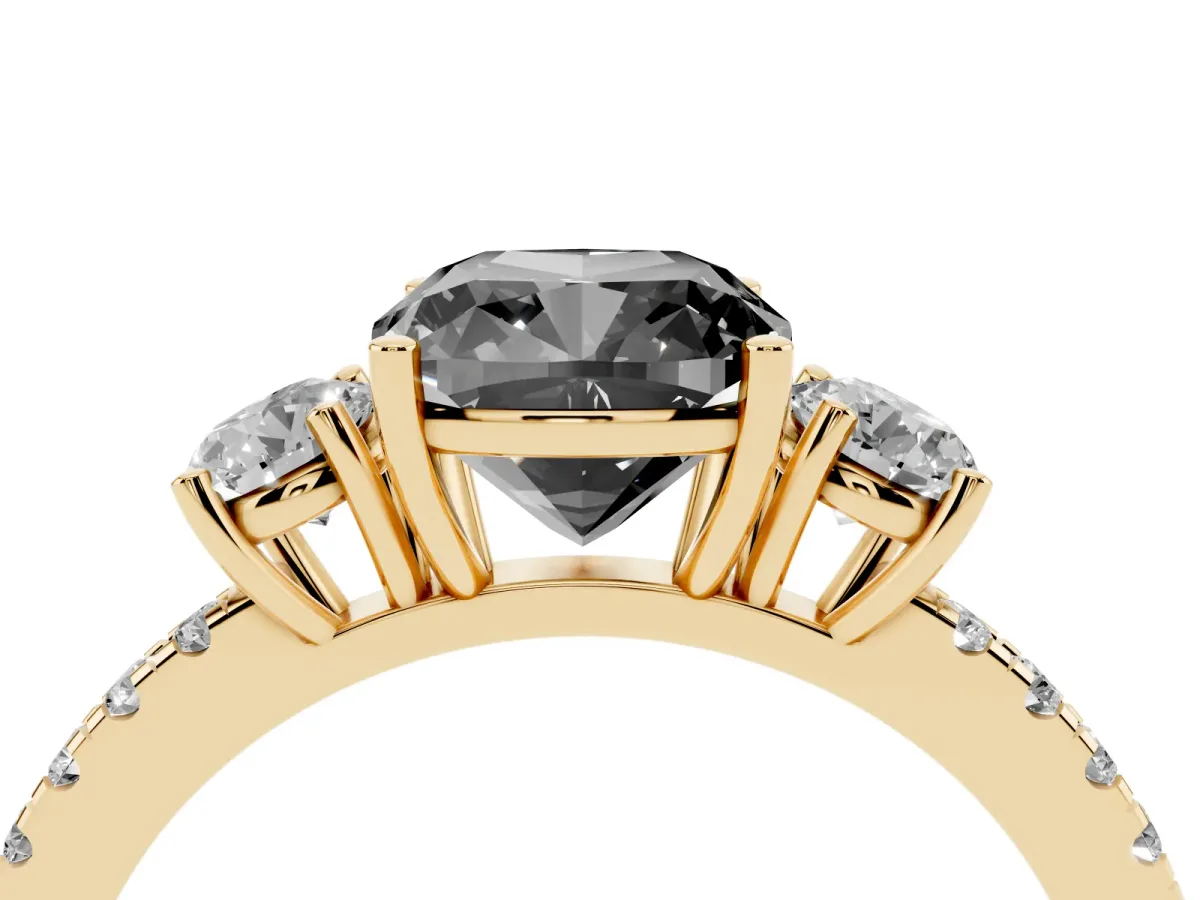 Fancy Black Three-Stone Cushion Cut Cut Diamond Pavé Band with Prong Setting Yellow gold