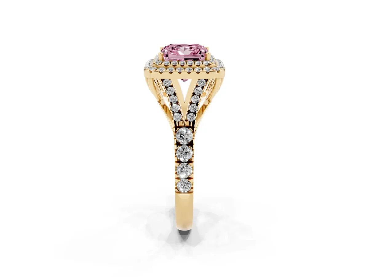 Fancy Pink Princess Cut Diamond Double Halo Ring with Split Shank and Prong Setting Yellow gold