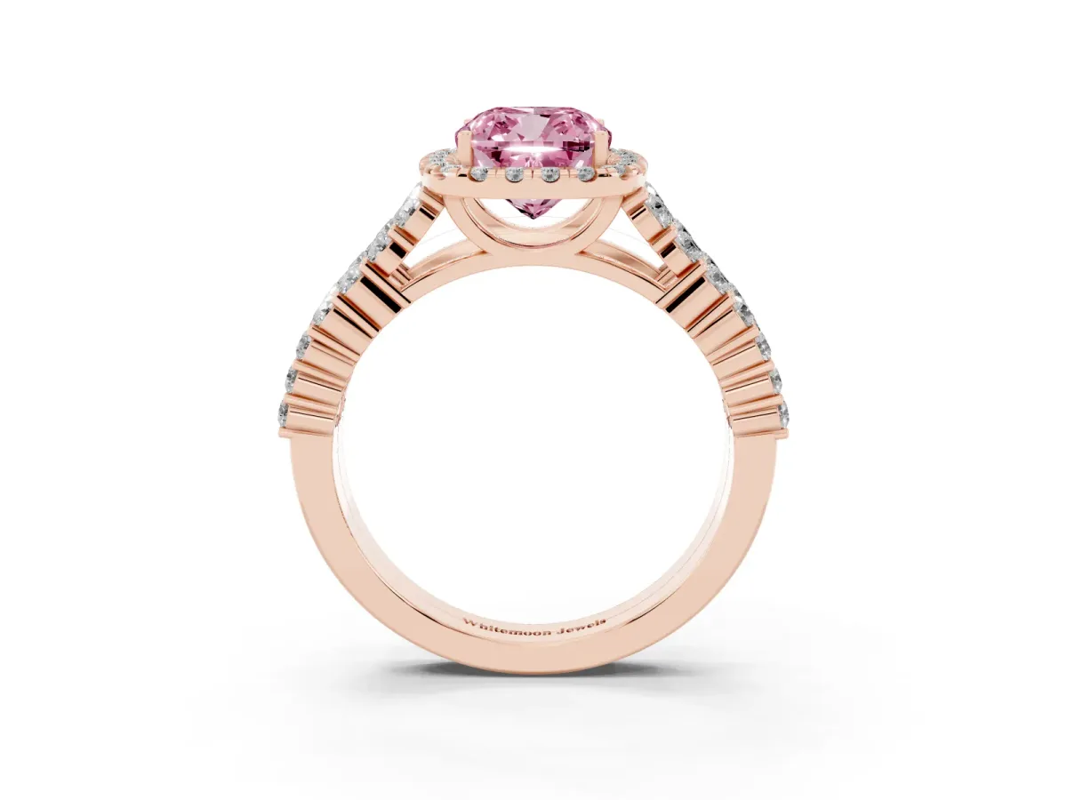 Fancy Pink Cushion Cut Diamond Halo Engagement Ring with Triple Row Round Pavé Band and Prong Setting Rose gold