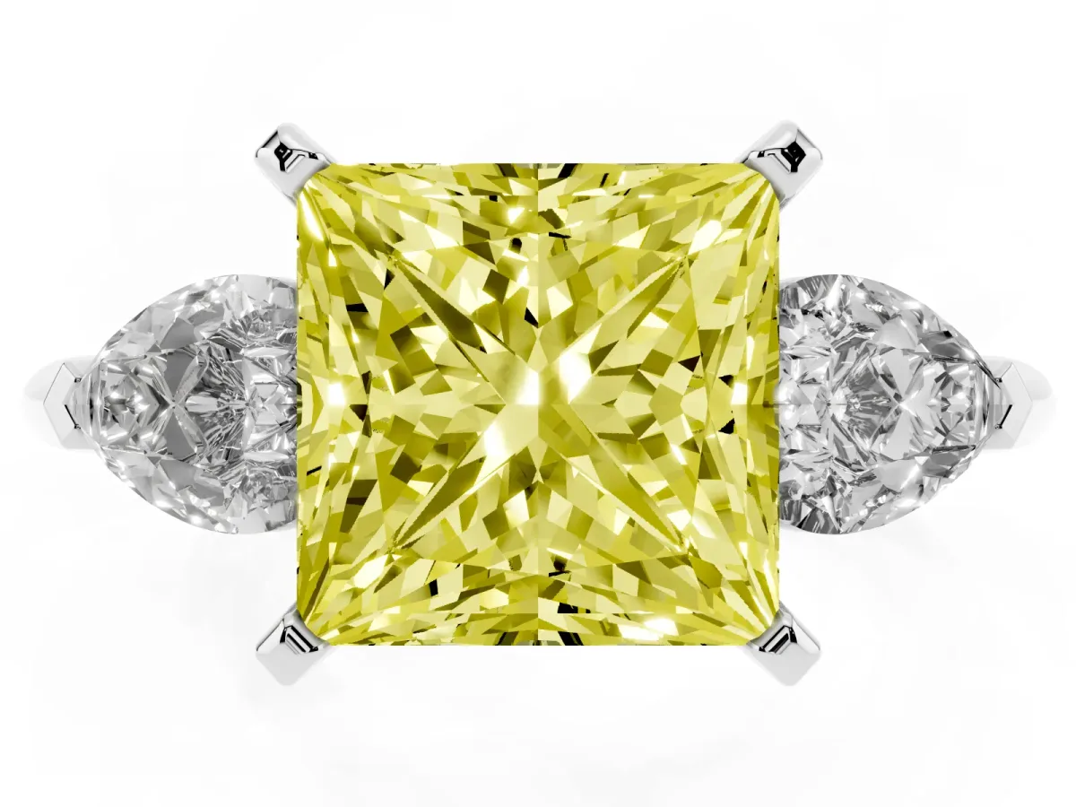 Fancy Yellow Three-Stone Princess Cut Diamond Ring with Pear Side Stones and Four-Prong Setting Silver