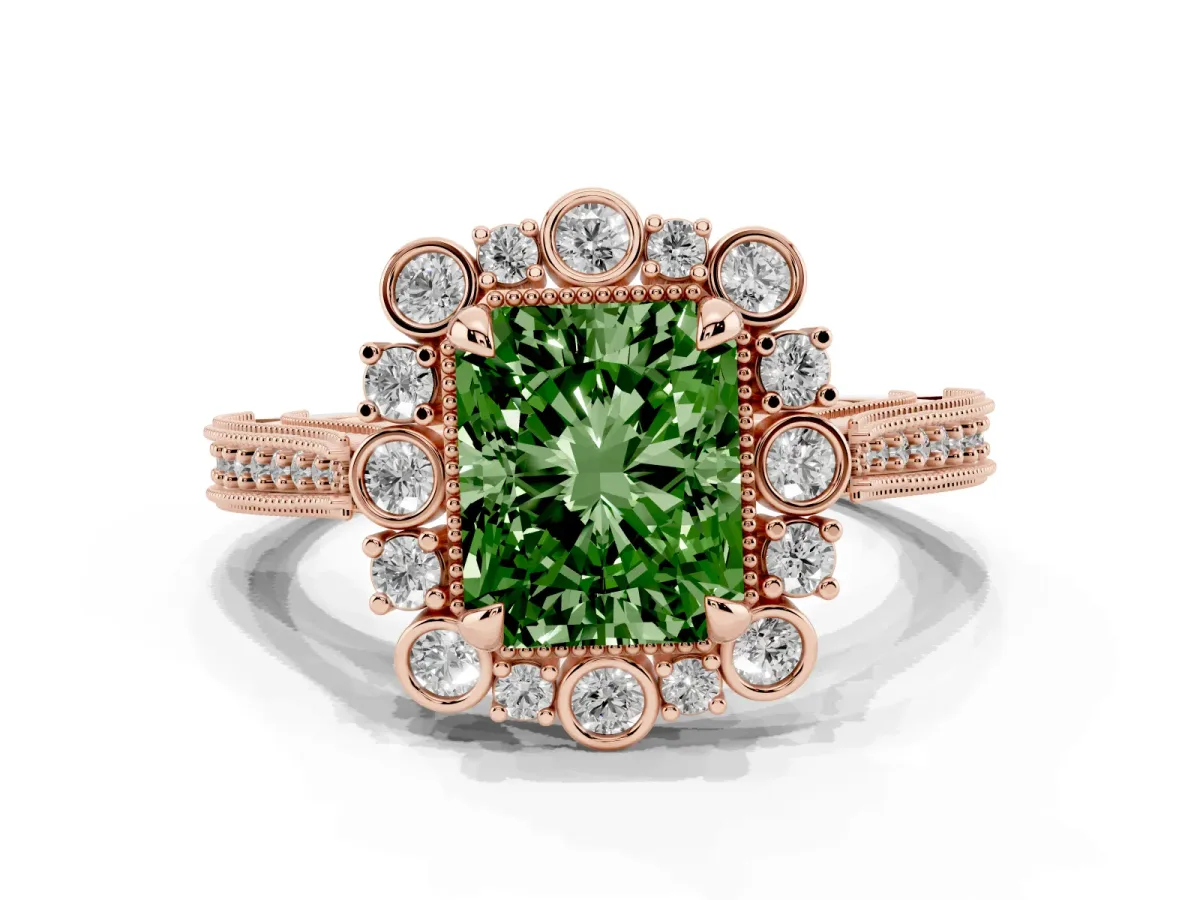 Fancy Green Radiant Cut Halo Milgrain Pave Diamond Ring with Four-Prong Setting Rose gold