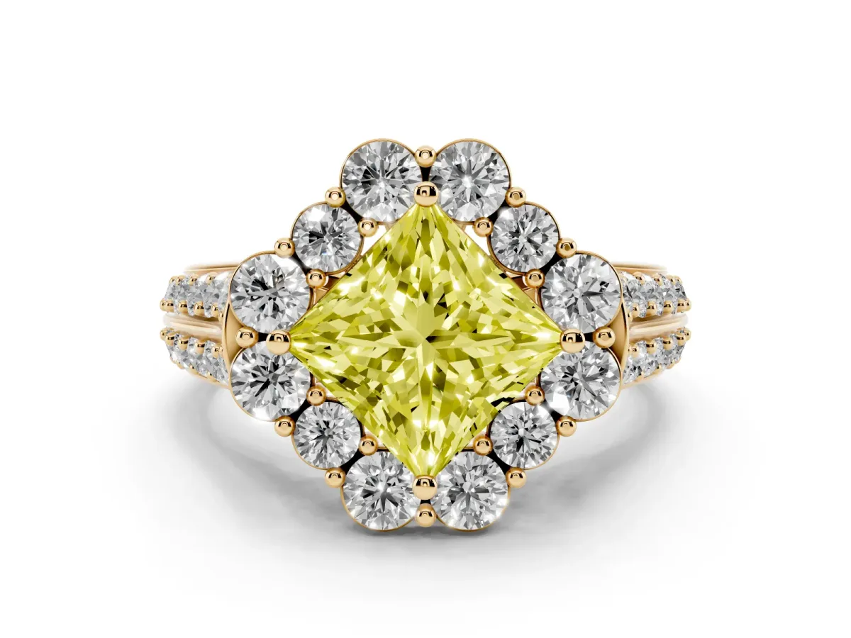 Fancy Yellow Princess Cut Halo Diamond Engagement Ring with Split Shank and Prong Setting Yellow gold