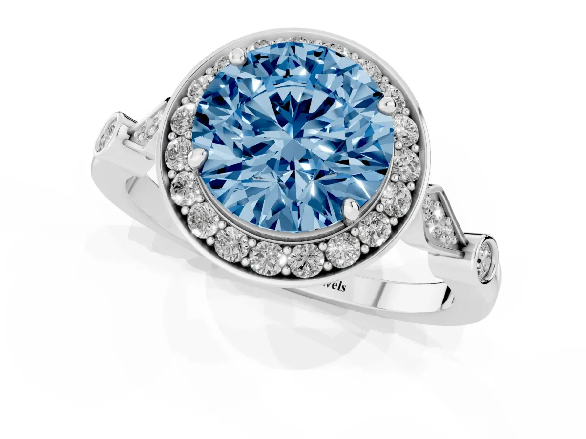 Fancy Blue Round Cut Halo Diamond Engagement Ring with Twisted Band and Four-Prong Setting Silver
