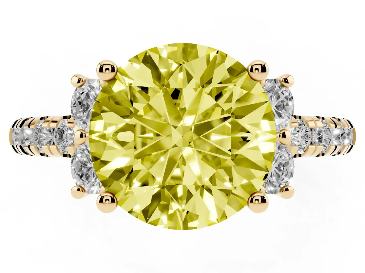 Fancy Yellow Round Cut Diamond Three-Stone Pave Band with Four-Prong Setting Yellow gold