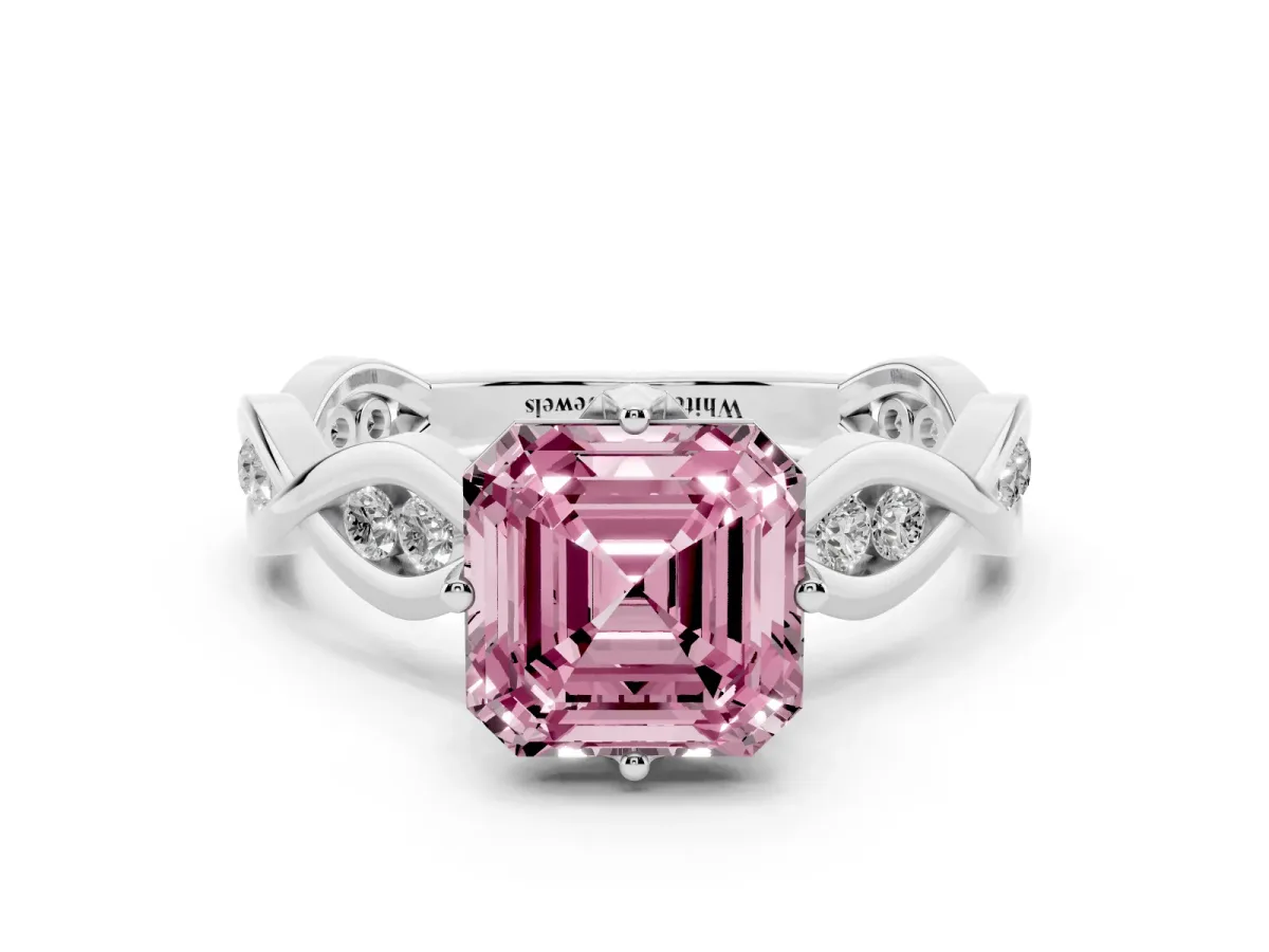 Fancy Pink Asscher Cut Solitaire Twist Band with Leaf Prong Setting Silver