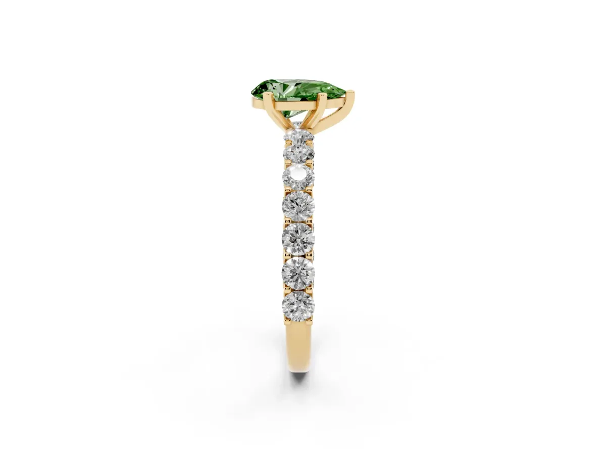 Fancy Green Pear Cut Diamond Solitaire Ring with Shared Prong Pavé Band and Four-Prong Setting Yellow gold