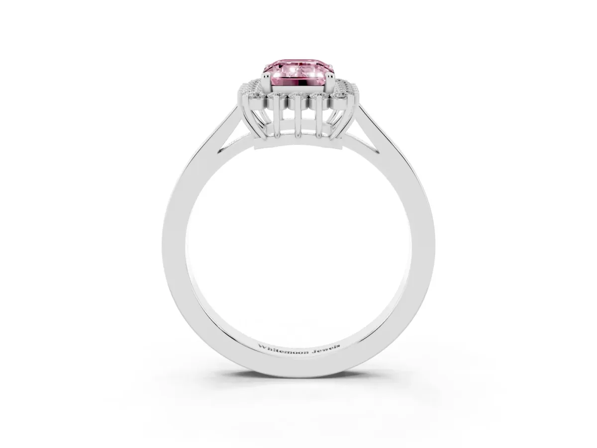 Fancy Pink Emerald Cut Cut Diamond Halo Ring with Round Brilliant Halo and Solitaire Band Platinum