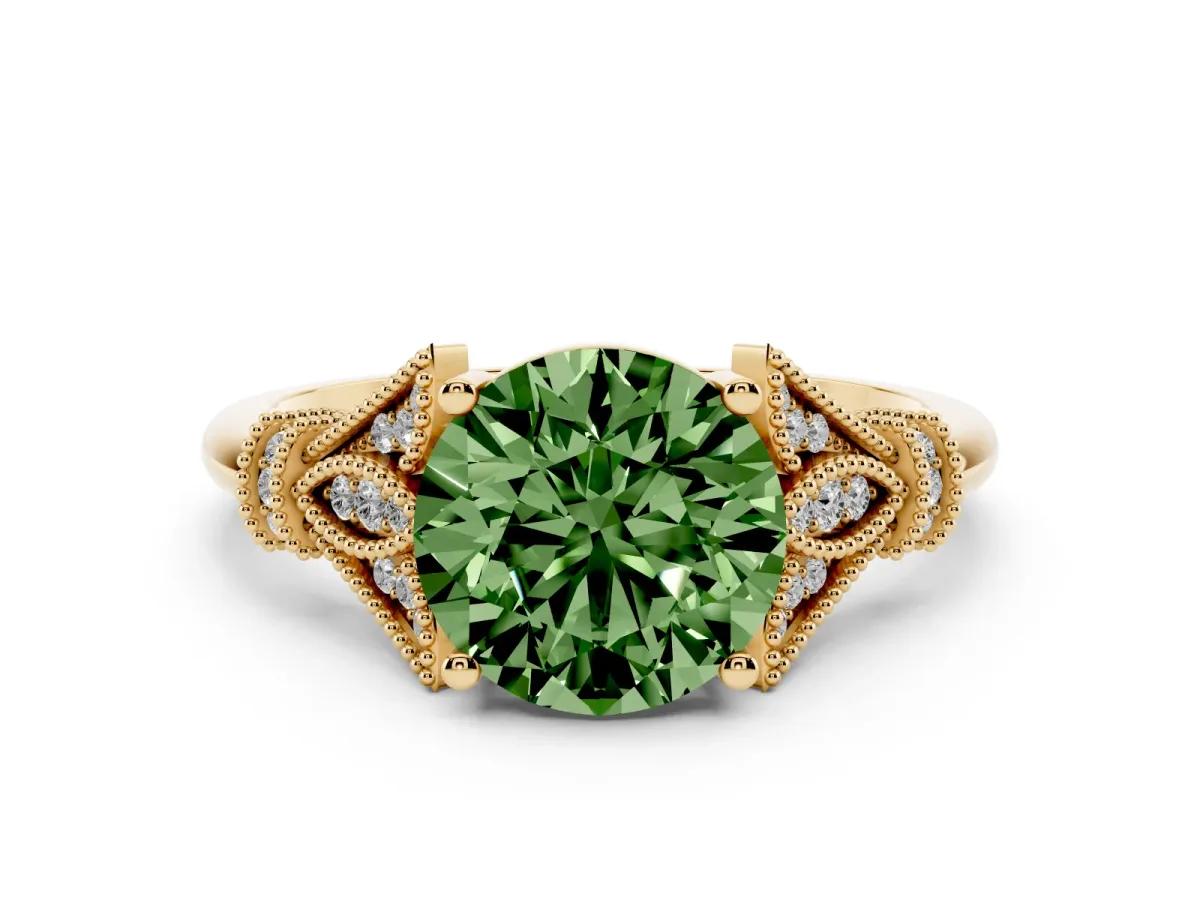 Fancy Green Round Cut Diamond Solitaire Ring with Floral Filigree and Pave Accents Yellow gold