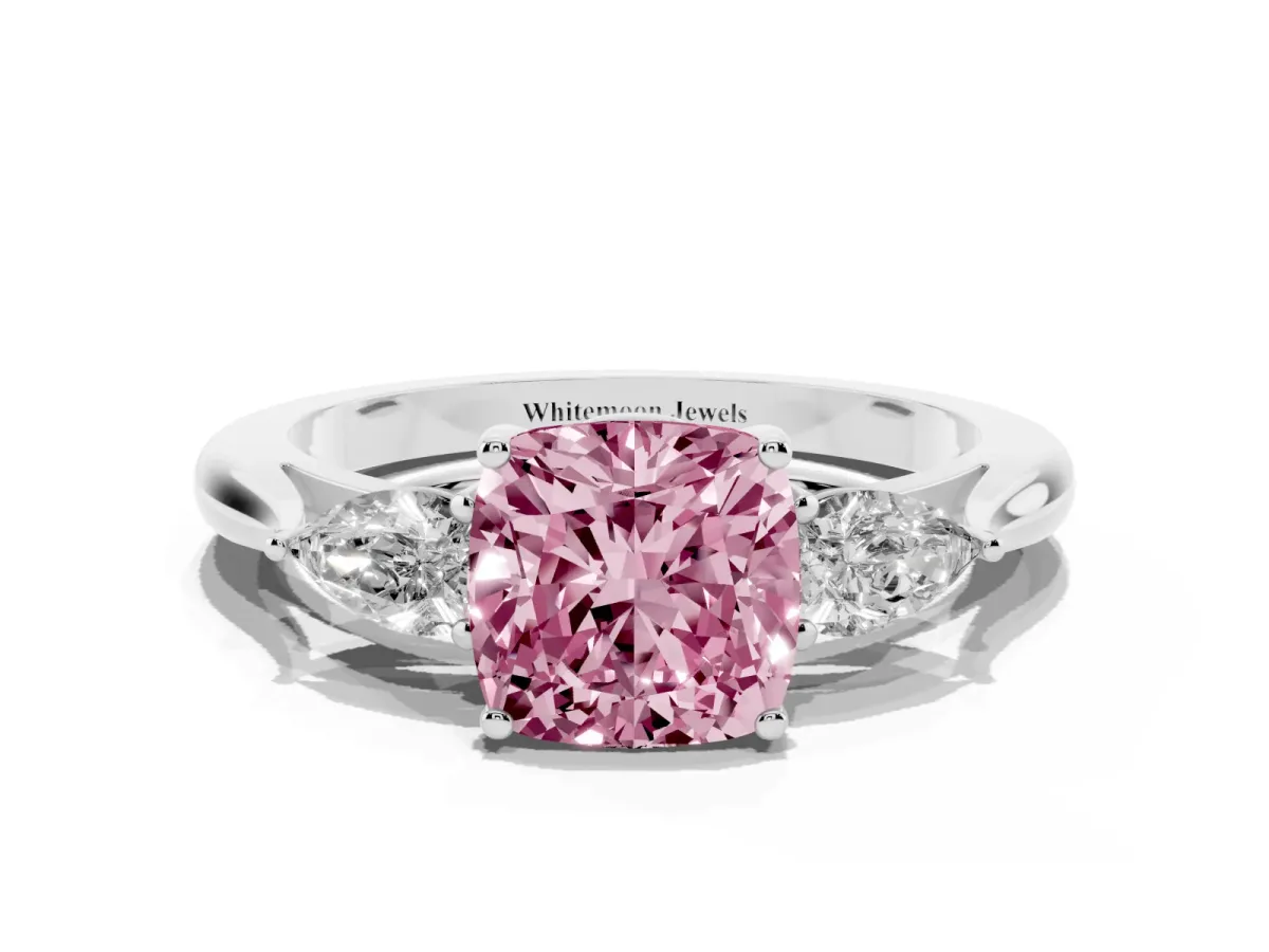 Fancy Pink Cushion Cut Diamond Three-Stone Ring with Pear Side Stones and Prong Setting Silver