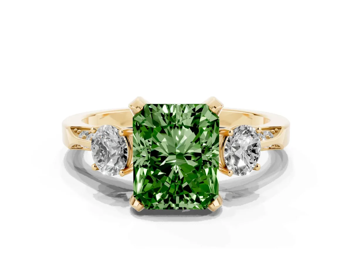 Fancy Green Radiant Cut Brilliant Three-Stone Diamond Ring with Pavé Band and Four-Prong Setting Yellow gold