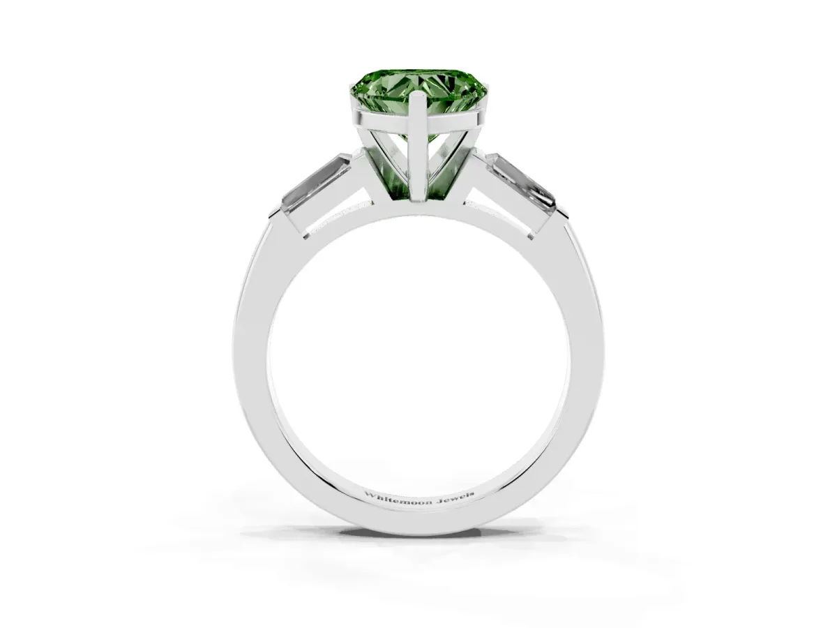 Fancy Green Heart Cut Solitaire with Tapered Baguette Side Stones on a Classic Band with Four-Prong Setting Silver