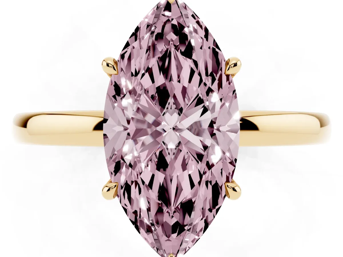 Fancy Pink Marquise Cut Solitaire Engagement Ring with Cathedral Band and Four-Prong Setting Yellow gold