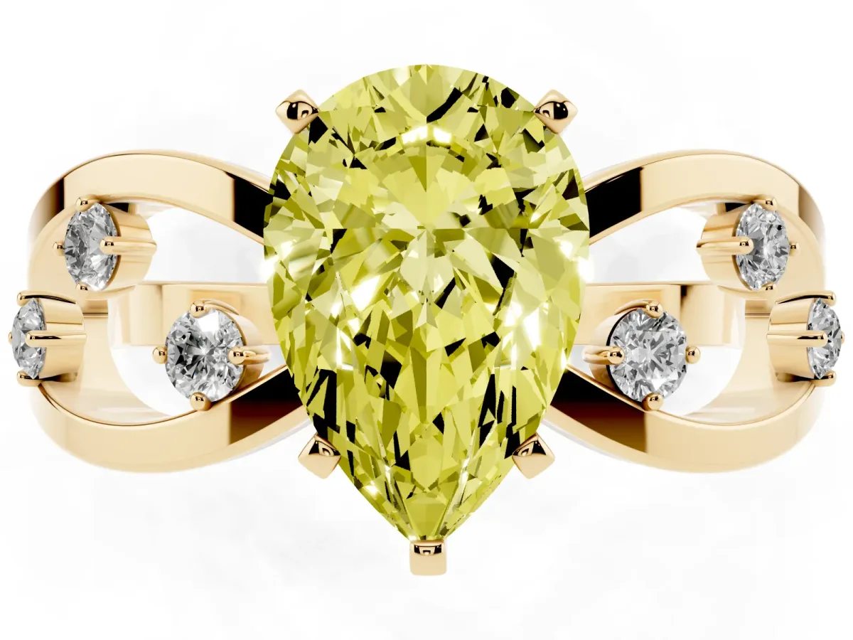 Fancy Yellow Pear Cut Cut Solitaire Diamond with Side Stones on Criss-Cross Band and Four-Prong Setting Yellow gold