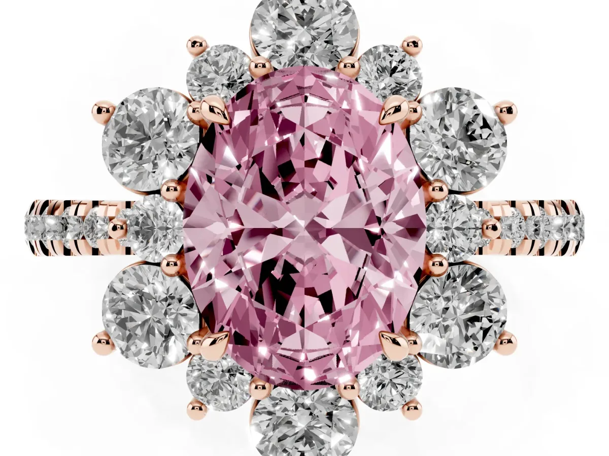 Fancy Pink Oval Cut Diamond Floral Halo Ring with Round Pavé Band and Prong Setting Rose gold