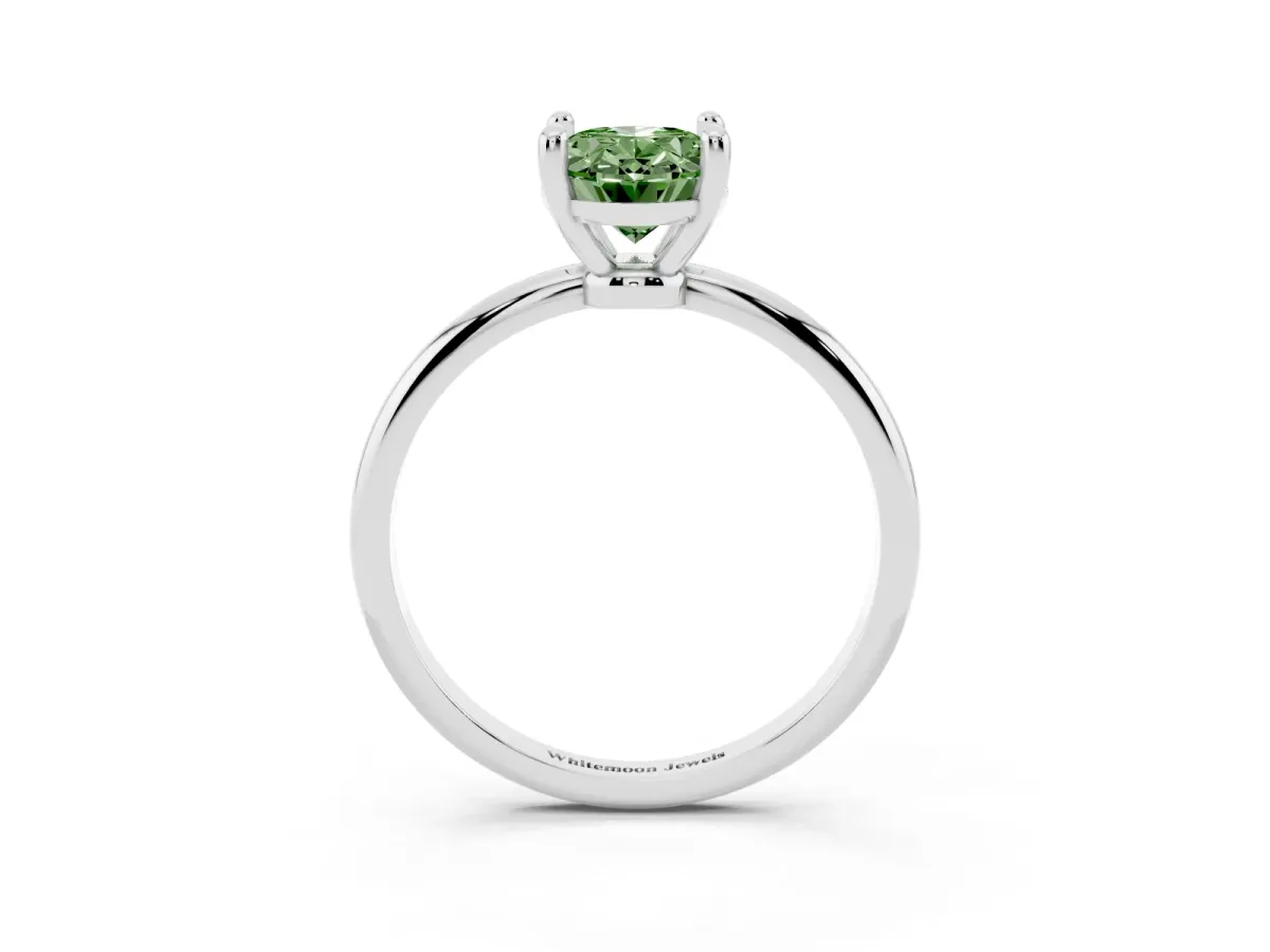 Fancy Green Oval Cut Solitaire Diamond Ring with 4-Prong Setting on a Classic Band Silver