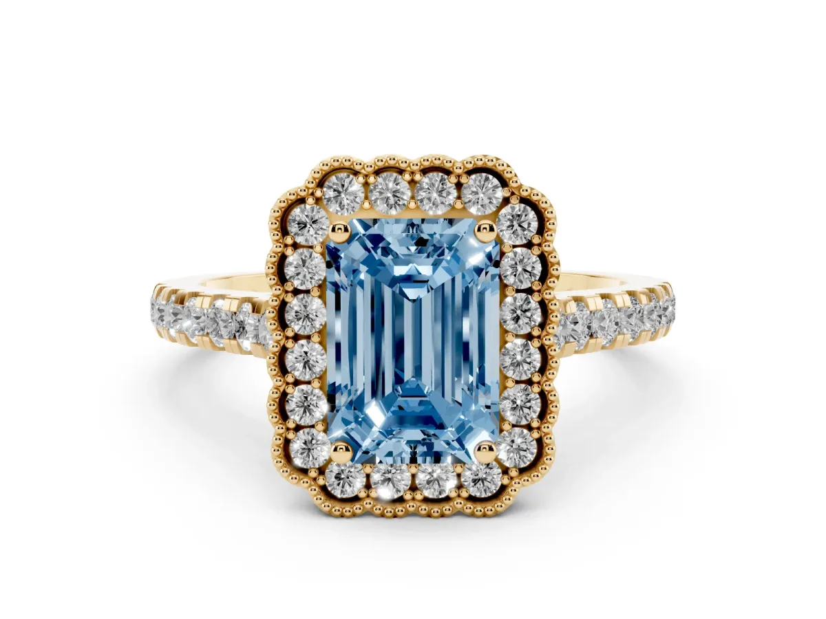 Fancy Blue Emerald Cut Cut Diamond Milgrain Floral Halo Engagement Ring with Pavé Band Yellow gold