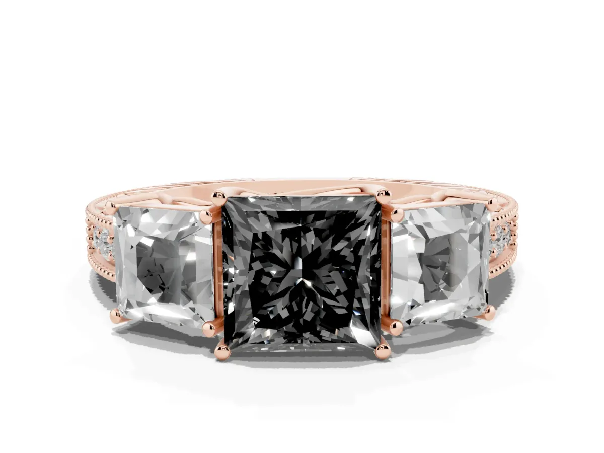 Fancy Black Three-Stone Princess Cut Cut Milgrain Pavé Engagement Ring Rose gold