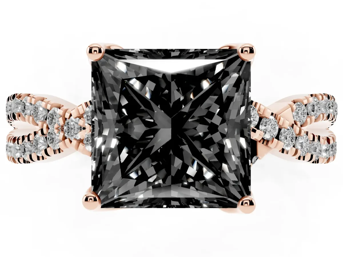 Fancy Black Princess Cut Solitaire Twist Pave Diamond Engagement Ring with Prong Setting Rose gold