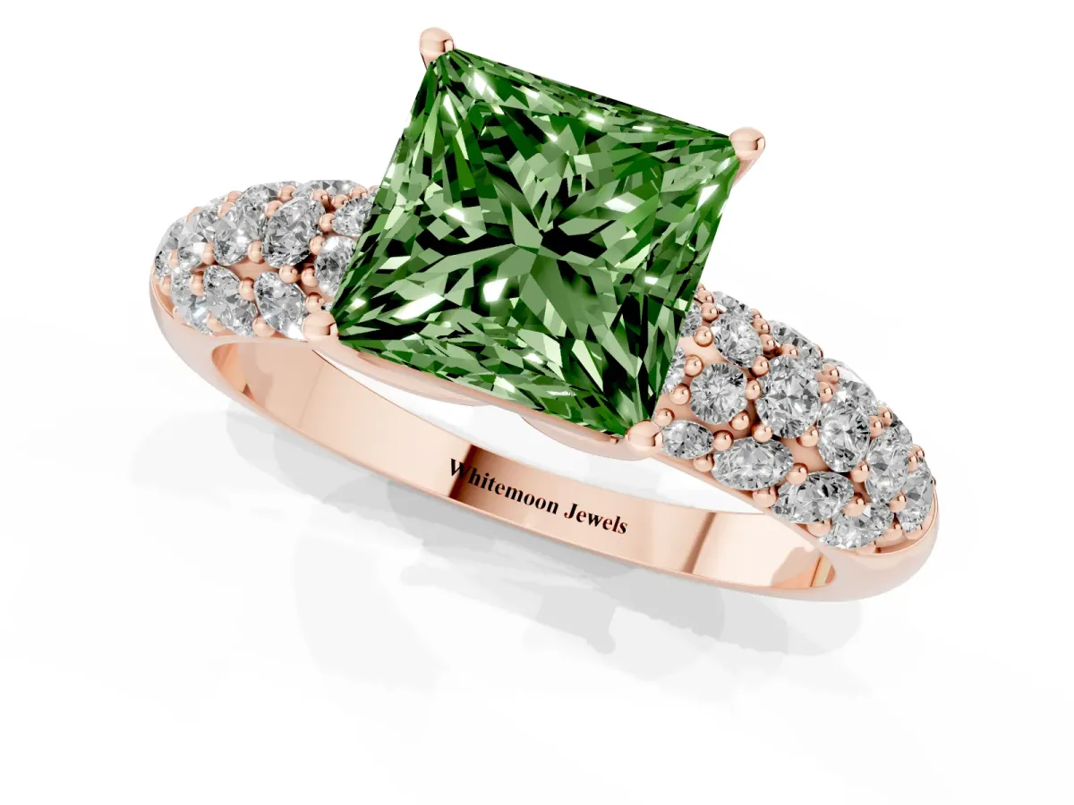 Fancy Green Princess Cut Diamond Pavé Band Solitaire Ring with Four-Prong Setting Rose gold