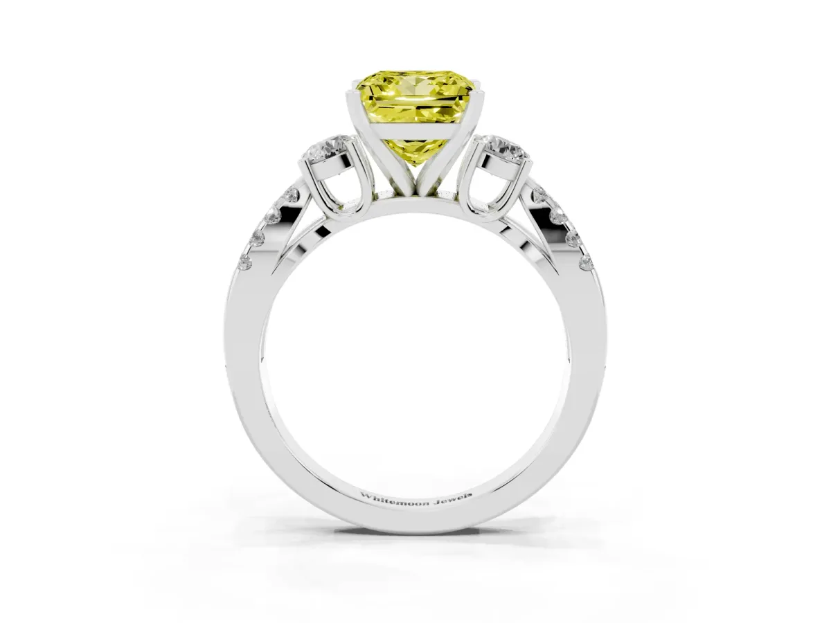 Fancy Yellow Princess Cut Diamond Three-Stone Ring with Pavé Split Shank and Four-Prong Setting Platinum