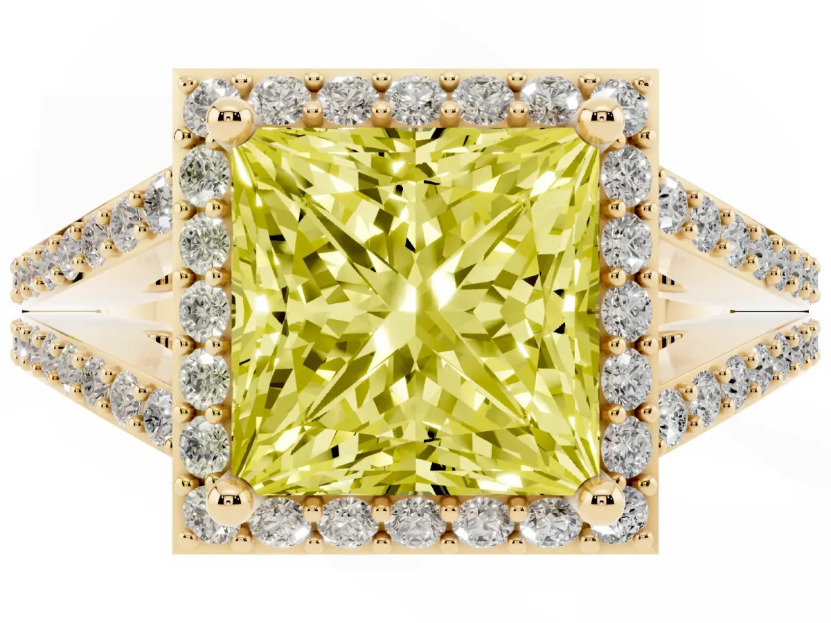 Fancy Yellow Princess Cut Halo Split Shank Diamond Ring with Prong Setting Yellow gold