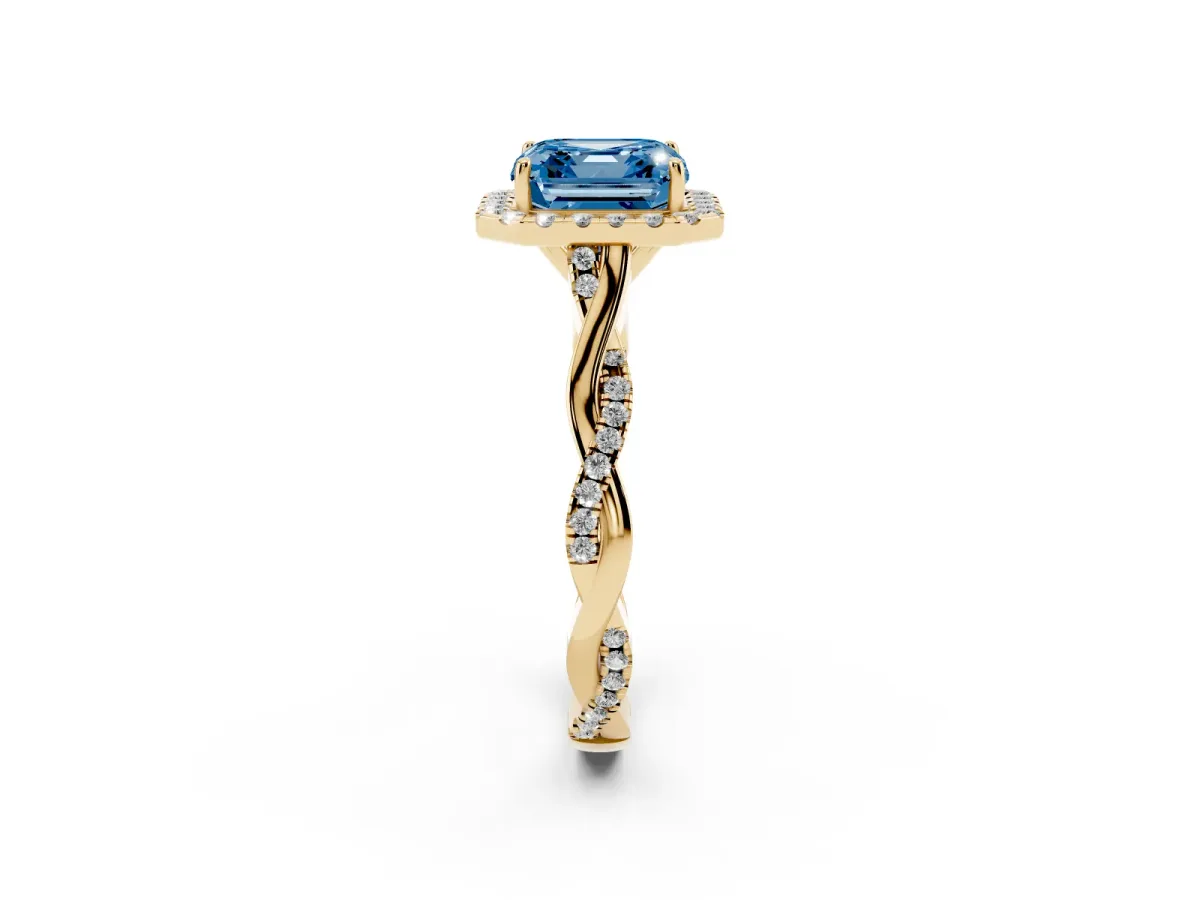 Fancy Blue Asscher Cut Halo Twist Band Solitaire Ring Yellow gold