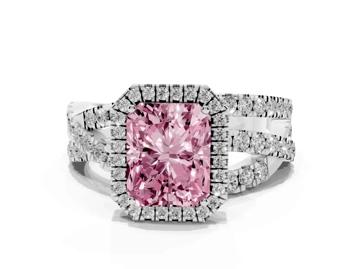 Fancy Pink Radiant Cut Diamond Halo Ring with Round Split Shank and Prong Setting Silver