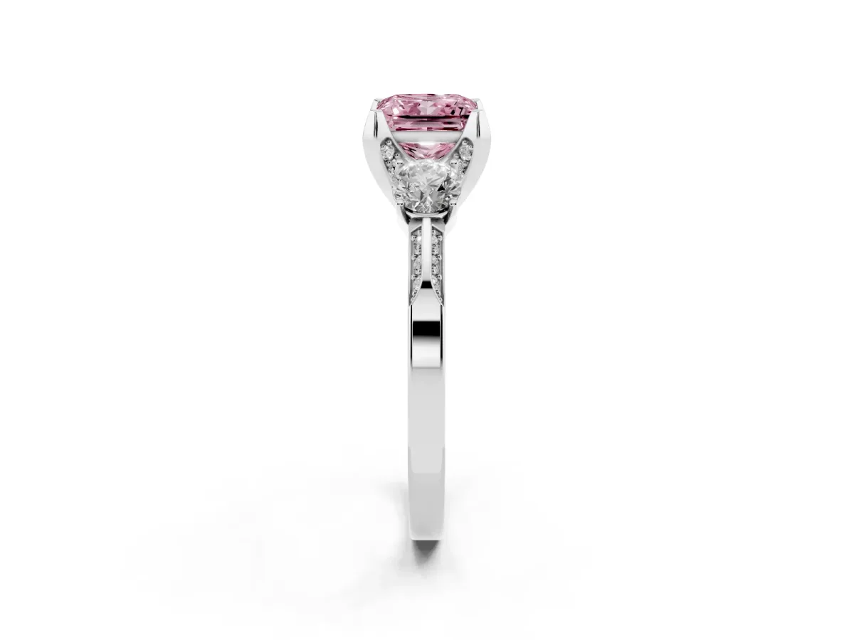 Fancy Pink Princess Cut Brilliant Three-Stone Diamond Ring with Pavé Band and Four-Prong Setting Silver