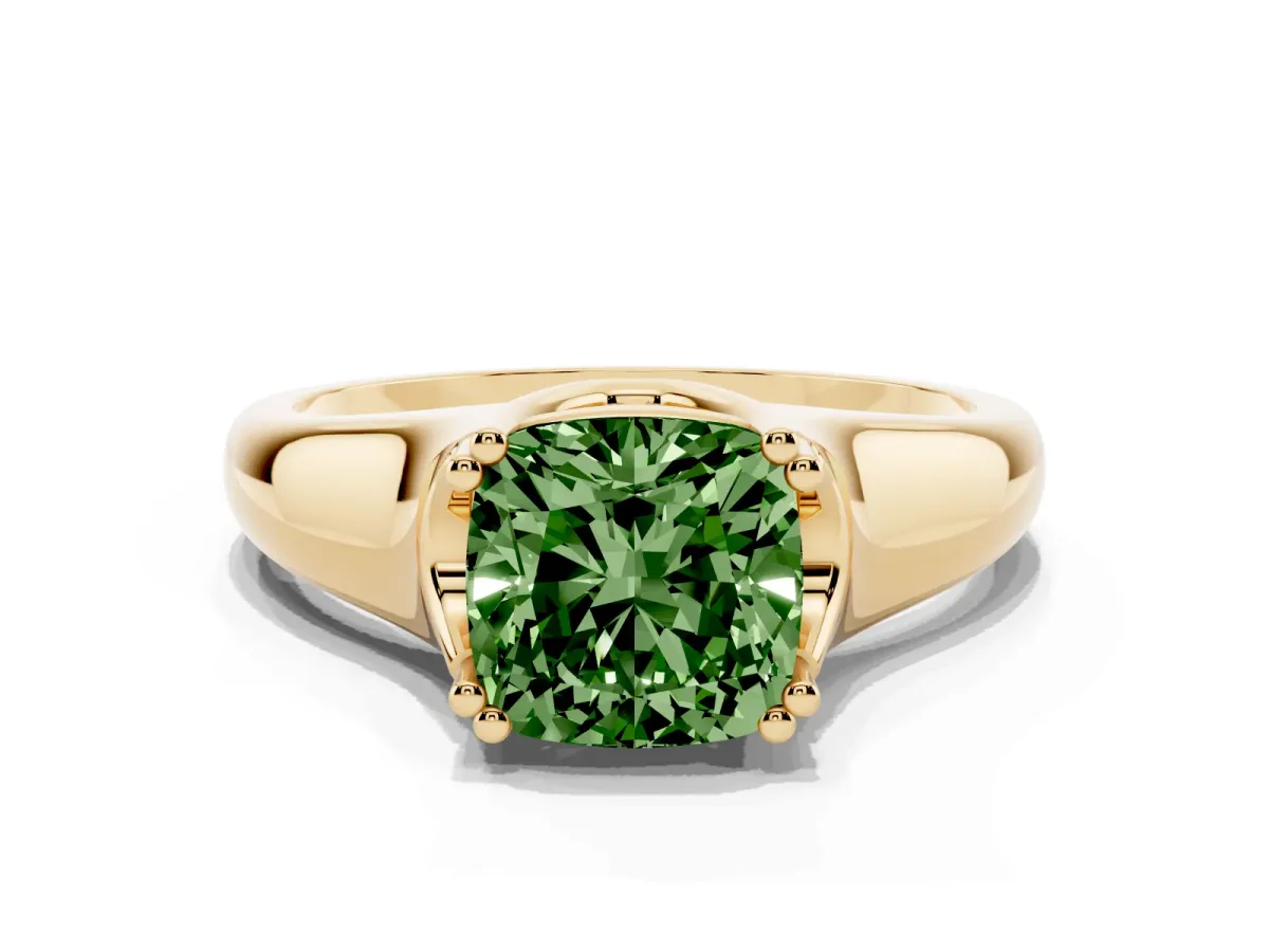 Fancy Green Cushion Cut Diamond Solitaire Ring with Wide Band and Prong Setting Yellow gold