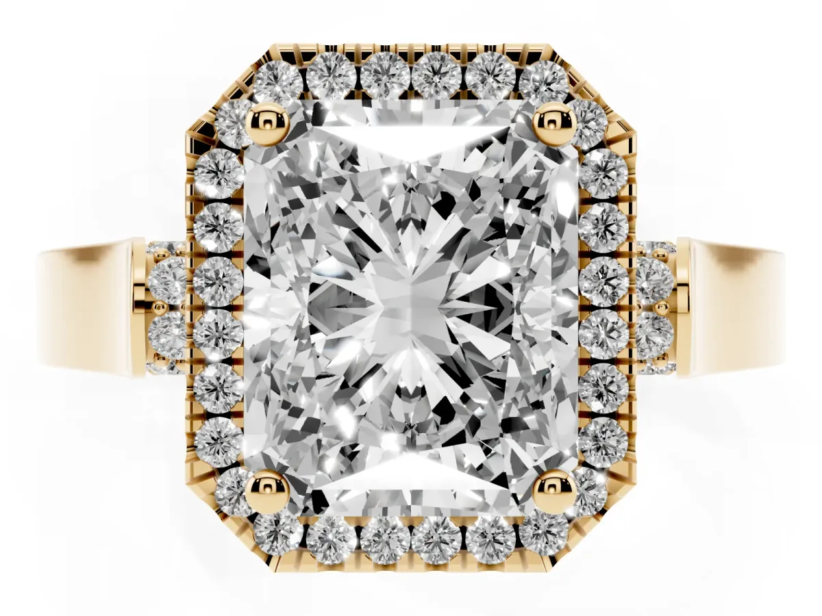 Radiant Cut Halo Pave Split Shank Prong Setting Ring Yellow gold