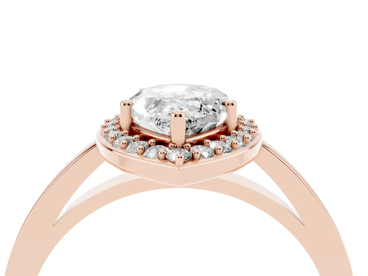 Pear Cut Halo Diamond Ring with Solitaire Band and Prong Setting Rose gold