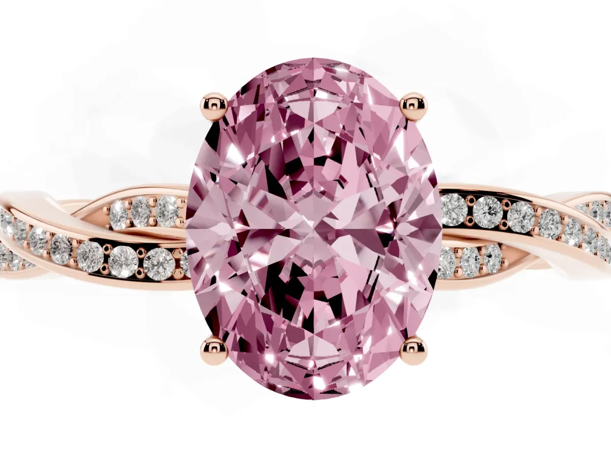 Fancy Pink Oval Cut Solitaire Twisted Pave Diamond Ring with Four-Prong Setting Rose gold