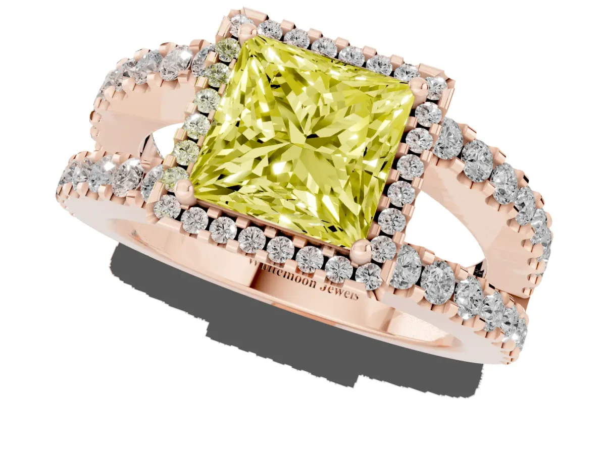 Fancy Yellow Princess Cut Cut Halo Split Shank Diamond Ring with Four-Prong Setting Rose gold