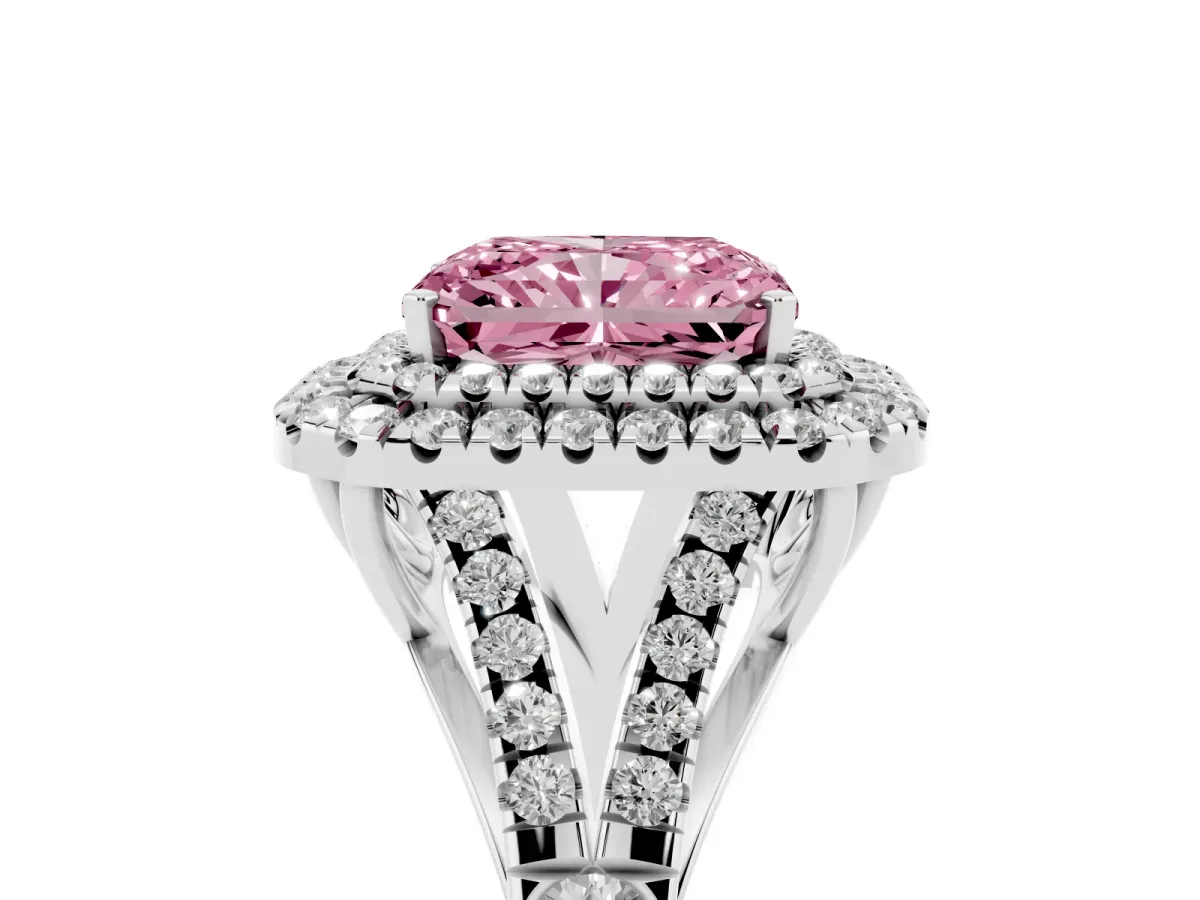 Fancy Pink Radiant Cut Cut Double Halo Split Shank Diamond Ring with Prong Setting White gold