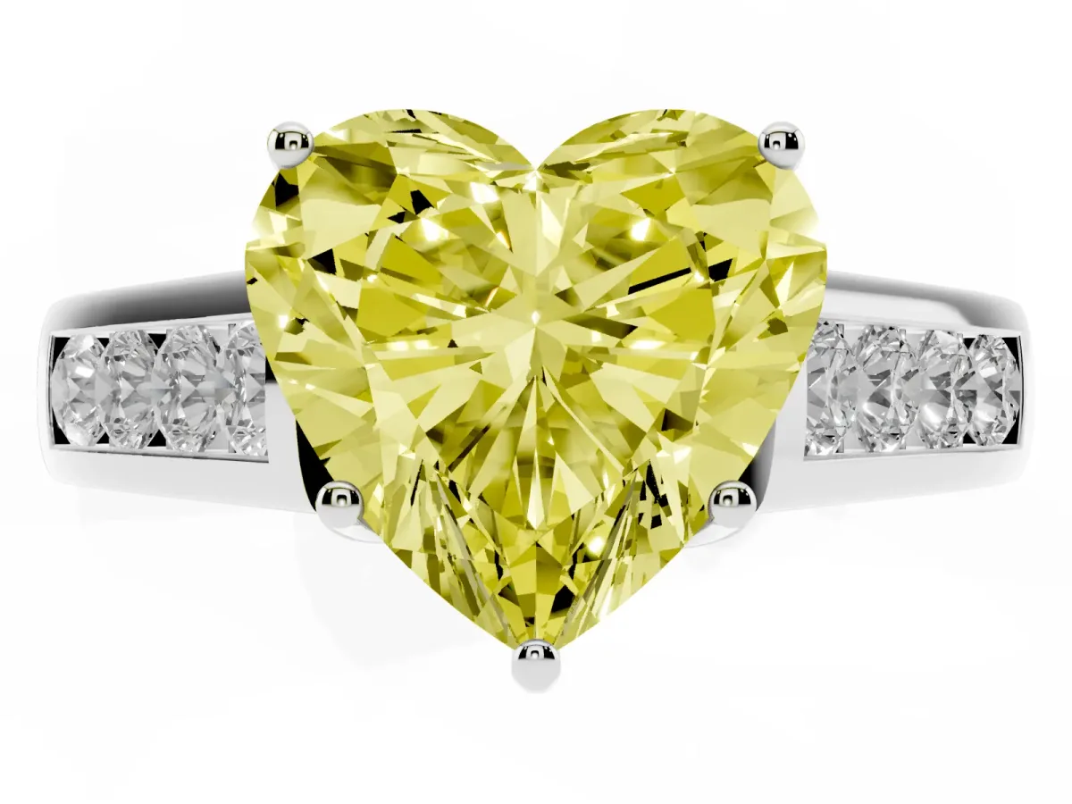 Fancy Yellow Heart Cut Brilliant Channel-Set Solitaire Ring with Four-Prong Setting Silver