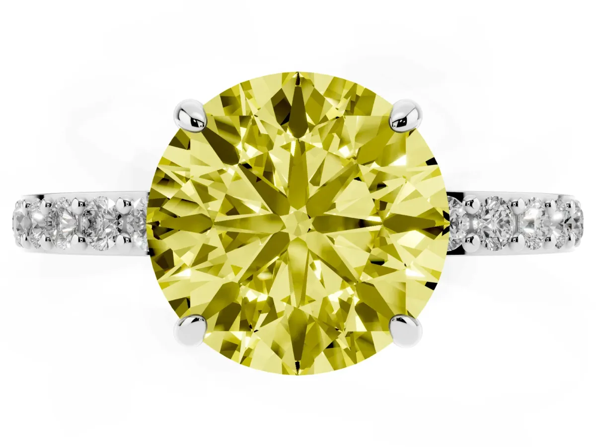 Fancy Yellow Round Cut Diamond Pavé Engagement Ring with Round Accents and Prong Setting Silver