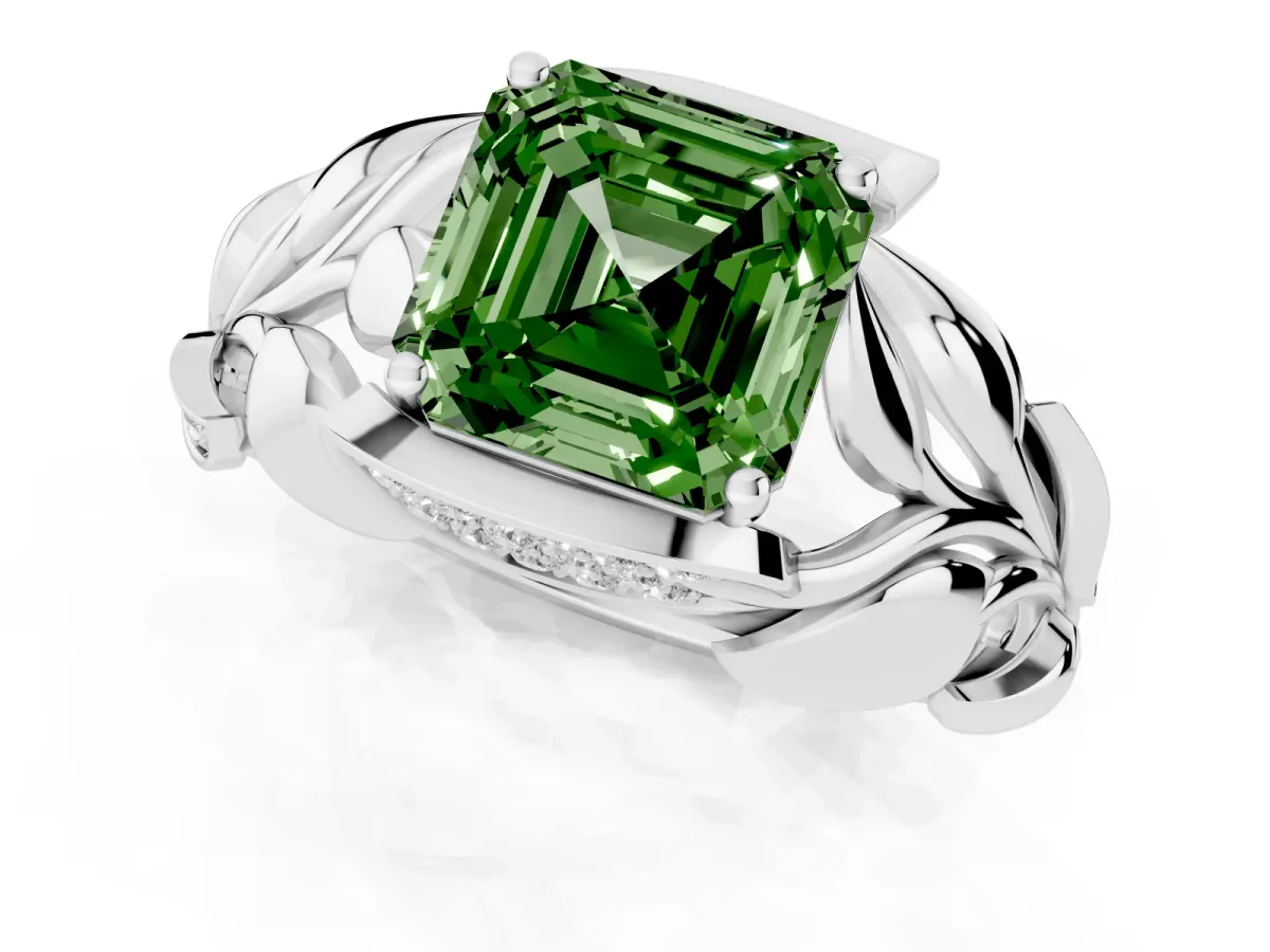 Fancy Green Asscher Cut Diamond Leaf-Inspired Engagement Ring with Round Accents and Prong Setting Silver