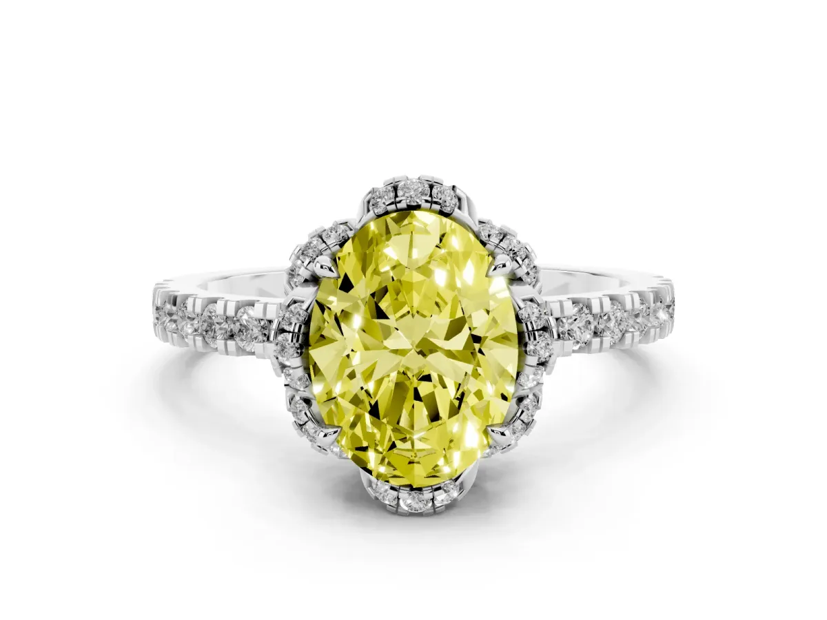 Fancy Yellow Oval Cut Diamond Halo Pave Band with Four-Prong Setting Silver