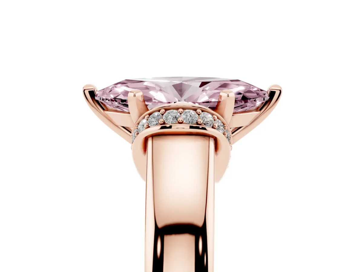 Fancy Pink Marquise Cut Solitaire Diamond Ring with Pave Band and Six-Prong Setting Rose gold