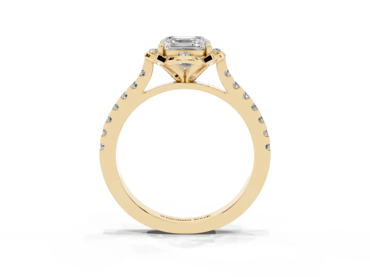 Asscher Cut Diamond Ring with Pavé Band and Floral Prong Setting Yellow gold