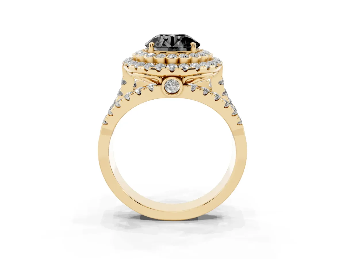 Fancy Black Round Cut Diamond Double Halo Ring with Round Pavé Split Shank and Prong Setting Yellow gold