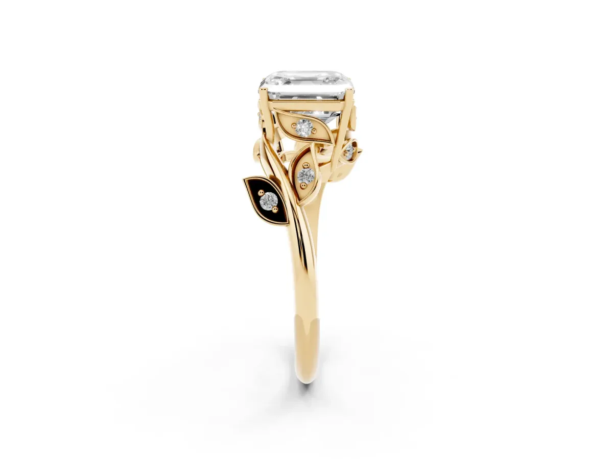 Asscher Cut Solitaire Twist Engagement Ring with Leaf Accents and Prong Setting Yellow gold