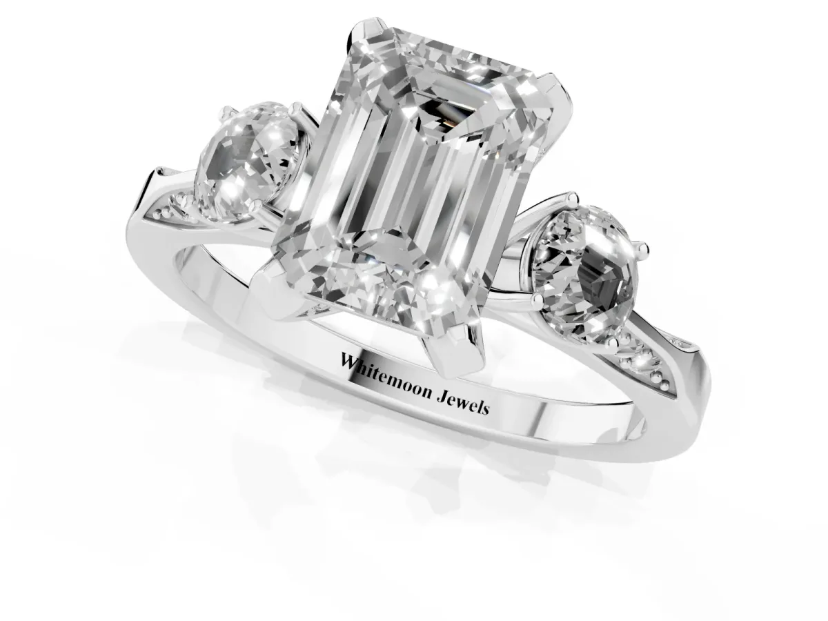 Fancy Yellow Emerald Cut Brilliant Three-Stone Diamond Ring with Pavé Band and Four-Prong Setting Platinum