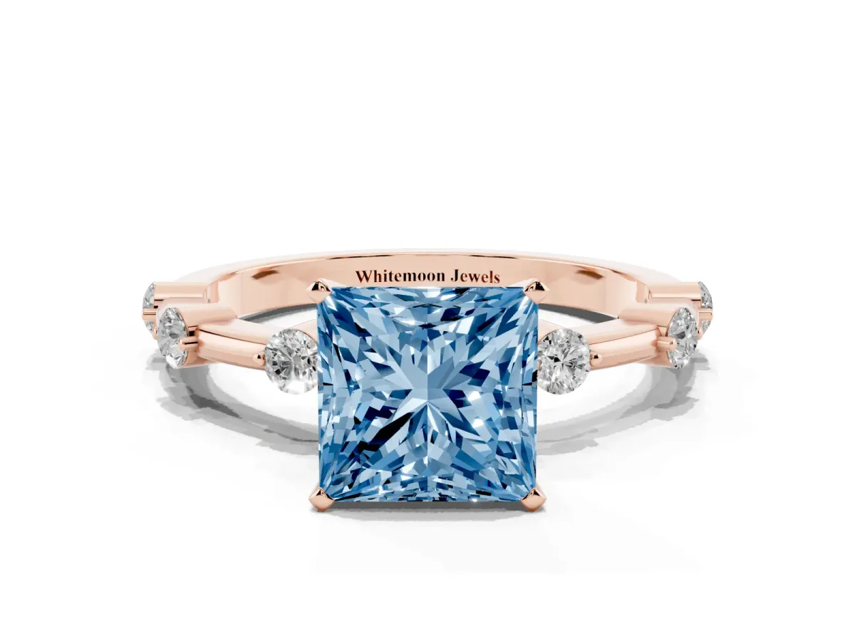 Fancy Blue Princess Cut Solitaire Diamond Ring with Bezel Set Side Stones and Prong Setting Rose gold