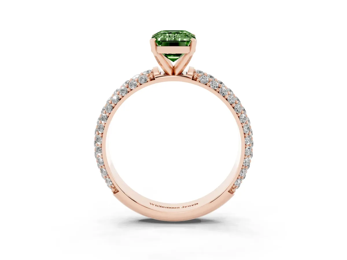 Fancy Green Emerald Cut Diamond Solitaire Ring with Prong Setting and Pavé Band Rose gold