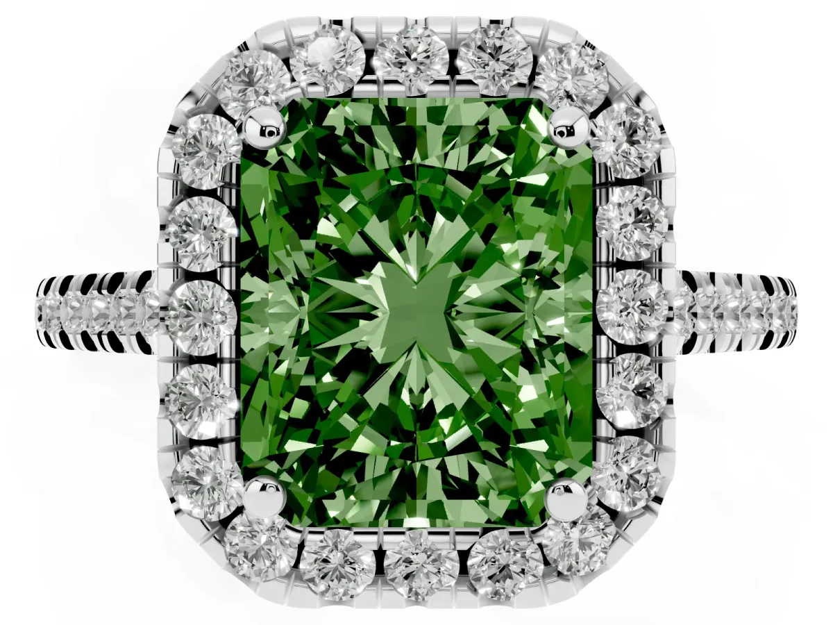 Fancy Green Radiant Cut Diamond Cushion Halo Ring with Pavé Band White gold