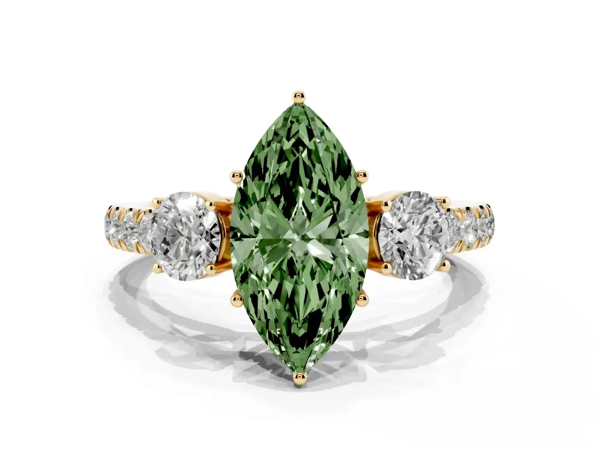 Fancy Green Marquise Cut Cut Diamond Three-Stone Ring with Round Side Stones and Pavé Band Yellow gold
