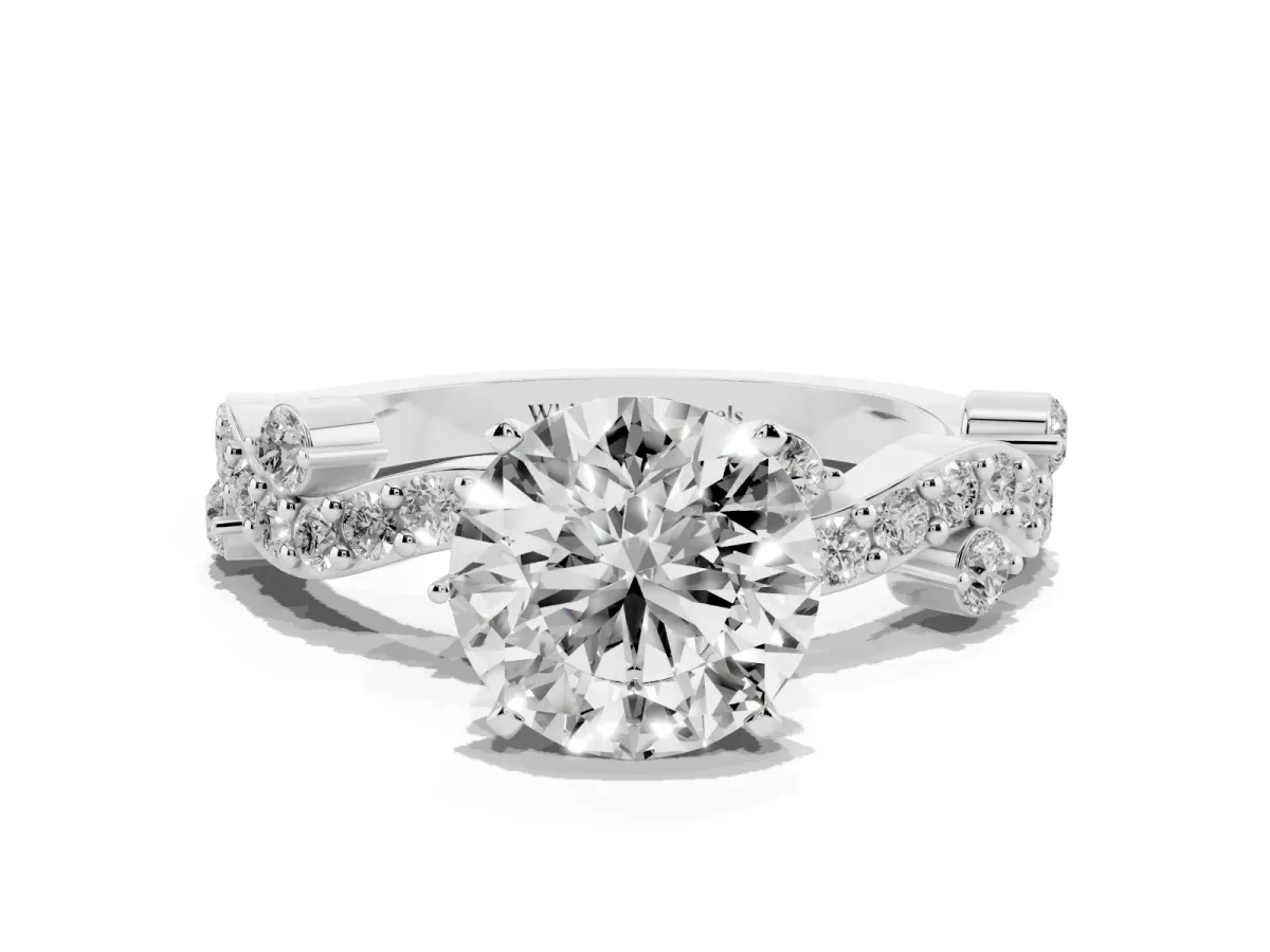 Round Cut Cut Solitaire Diamond Twisted Band with Pave Setting Silver